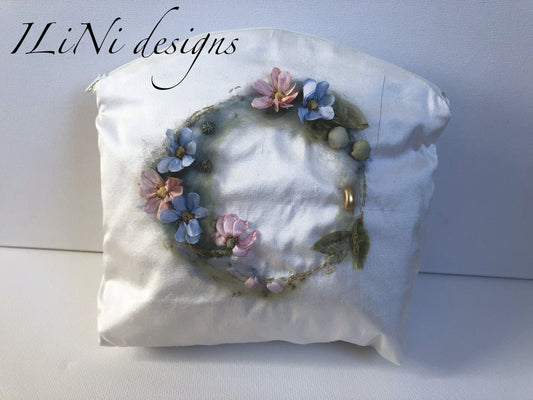 Handmade silk makeup bag with ring of daisies - hand embroidery detail with silk ribbon embroidery