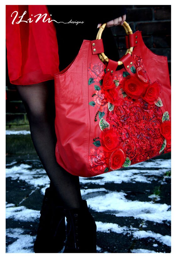 Rose - OOAK handmade leather handbag with altered fabric