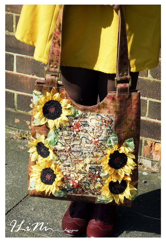 Sunflower - OOAK handmade leather handbag with altered fabric