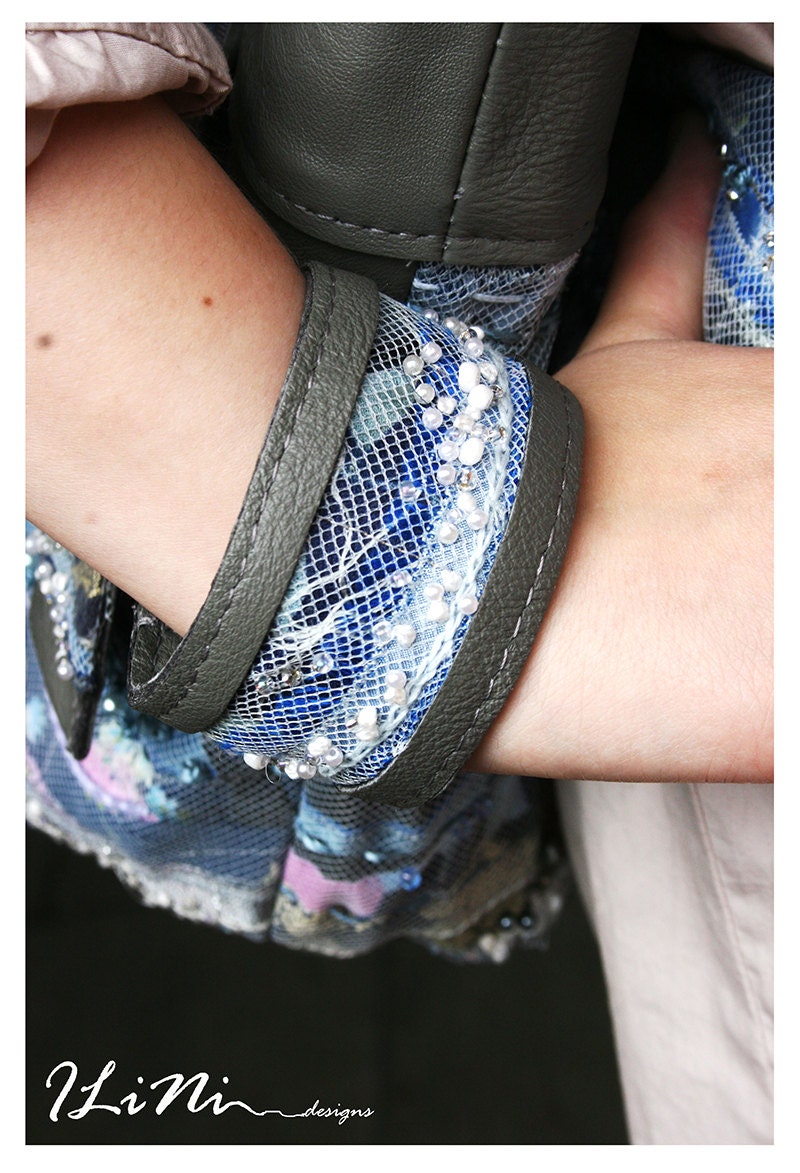 Blue Waves - OOAK handmade handbag with leather detail and hand made fabric, with matching bracelet and belt in tones of blue