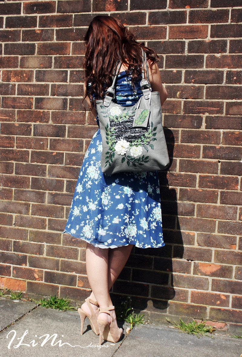 White Elina Rose - OOAK handmade leather handbag with weaving and silk embroidery