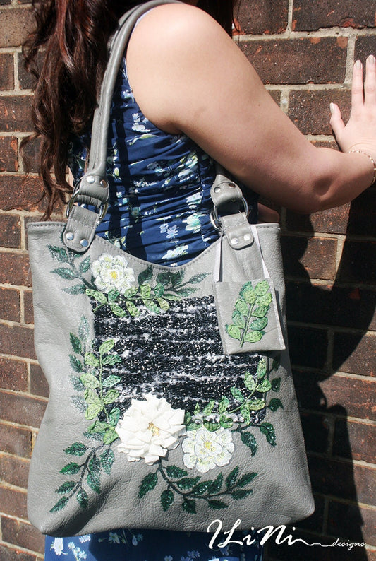 White Elina Rose - OOAK handmade leather handbag with weaving and silk embroidery