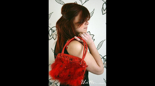 Red Flamingo - OOAK handmade evening handbag with altered fabric and feathers with leather features in red