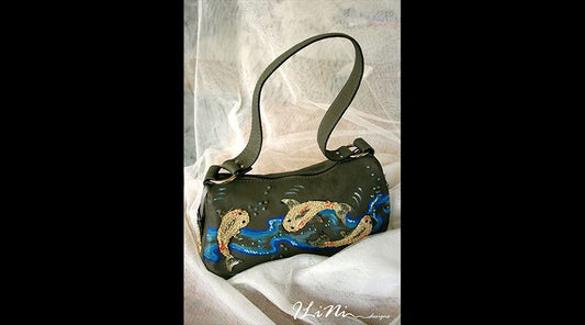 Koi - OOAK handmade leather handbag with painted detail and appliqué